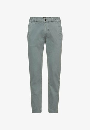 Chinos en coton gris à coupe slim, dotés d'une fermeture à boutons, de passants pour ceinture et de poches latérales inclinées. Texture lisse et design ajusté.