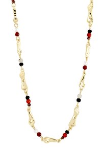 Guldtonad kedja halsband med vågiga länkar som är insprängda med röda, svarta och vita pärlor. Polerad yta, varierande pärlstorlekar.
