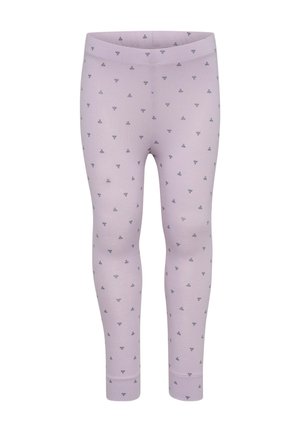 Lichte lavendel legging gemaakt van zachte katoen, met een herhaald donkerblauw bloemenpatroon, een snug tailleband en taps toelopende pijpen.