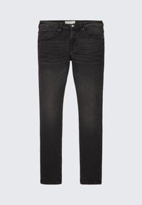 Jeans de ganga preta com um ajuste justo, apresentando cinco bolsos, fecho de zíper e um clássico design de cinco botões. Textura suave com desbotamento mínimo.