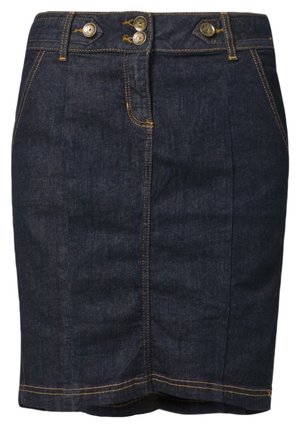 Mørkeblå denim blyantskjørt med dobbelt knaplukning, forreste syning og sidelommer.