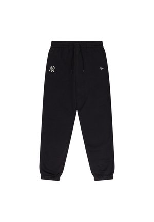 Black sweatpants made of soft fabric, featuring an elastic waistband with a drawstring, ribbed cuffs, and white logo accents.