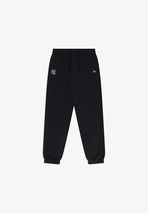 Pantaloni della tuta neri realizzati in tessuto morbido, con una vita elastica dotata di cordino, polsini a costine e dettagli del logo bianco.