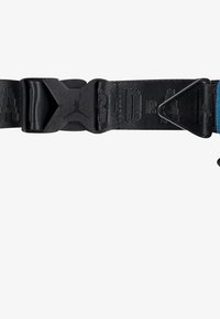 Black adjustable belt with a plastic buckle featuring a black logo, textured strap, and a blue accent at one end. Durable nylon material.