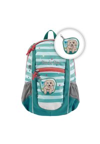 Zaino a strisce turchesi e bianche con zip rossa, dotato di una tasca frontale con un ricamo di un cucciolo e una farfalla.