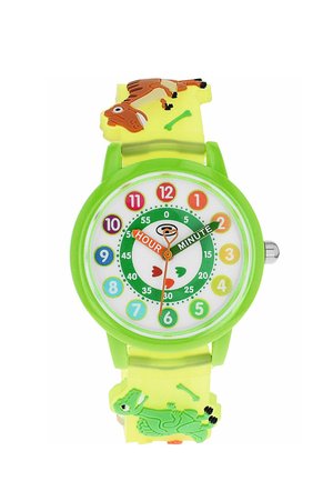 Children’s analog watch with green case, colorful numbers, labeled hour and minute hands, and dinosaur designs on yellow strap.