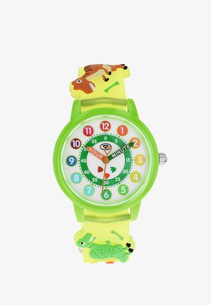 Children’s analog watch with green case, colorful numbers, labeled hour and minute hands, and dinosaur designs on yellow strap.