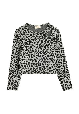 Haut à manches longues en imprimé léopard gris et noir, avec un col rond et un design court, présentant un subtil décolleté sur l'épaule.