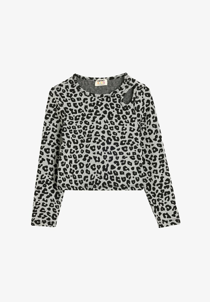 Leopardprint langemouwen top in grijs en zwart, met een ronde halslijn en een cropped ontwerp met een subtiele schouderuitsnijding.