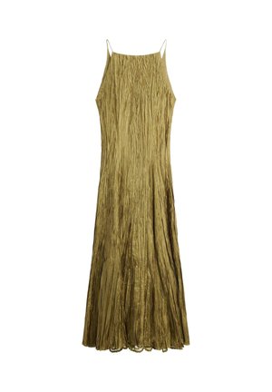 Długa oliwkowozielona sukienka z marszczonego atłasu na cienkich ramiączkach spaghetti z luźną sylwetką.