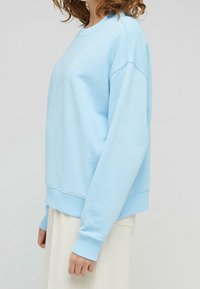 Sudadera azul clara con mangas largas, puños y dobladillo de canalé, corte ligeramente holgado y pequeño logotipo bordado en el pecho. Textura suave.