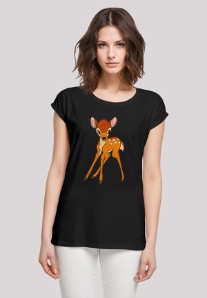 Black t-shirt with a round neckline and rolled sleeves, featuring a colorful illustration of a fawn in a standing pose.