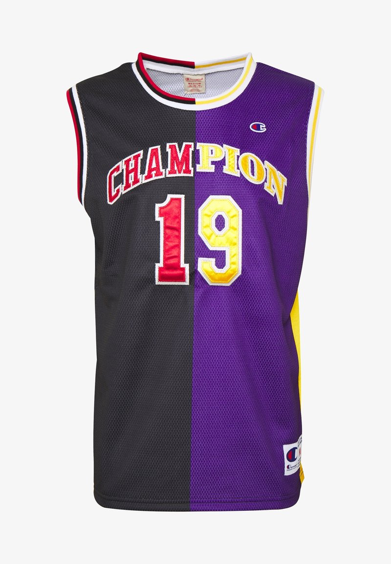 Canotta da basket senza maniche divisa verticalmente in nero e viola, "CHAMPION" in rosso e giallo, numero 19 in rosso e giallo sul davanti.