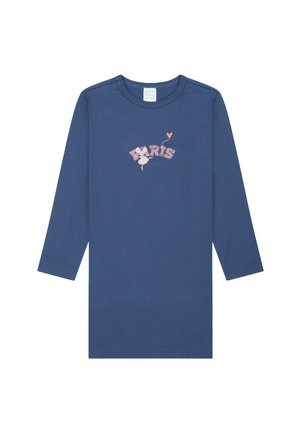 Langärmliges blaues T-Shirt aus weichem Stoff mit einem bedruckten Design, das das Wort "PARIS" und florale Akzente zeigt. Rundhalsausschnitt.