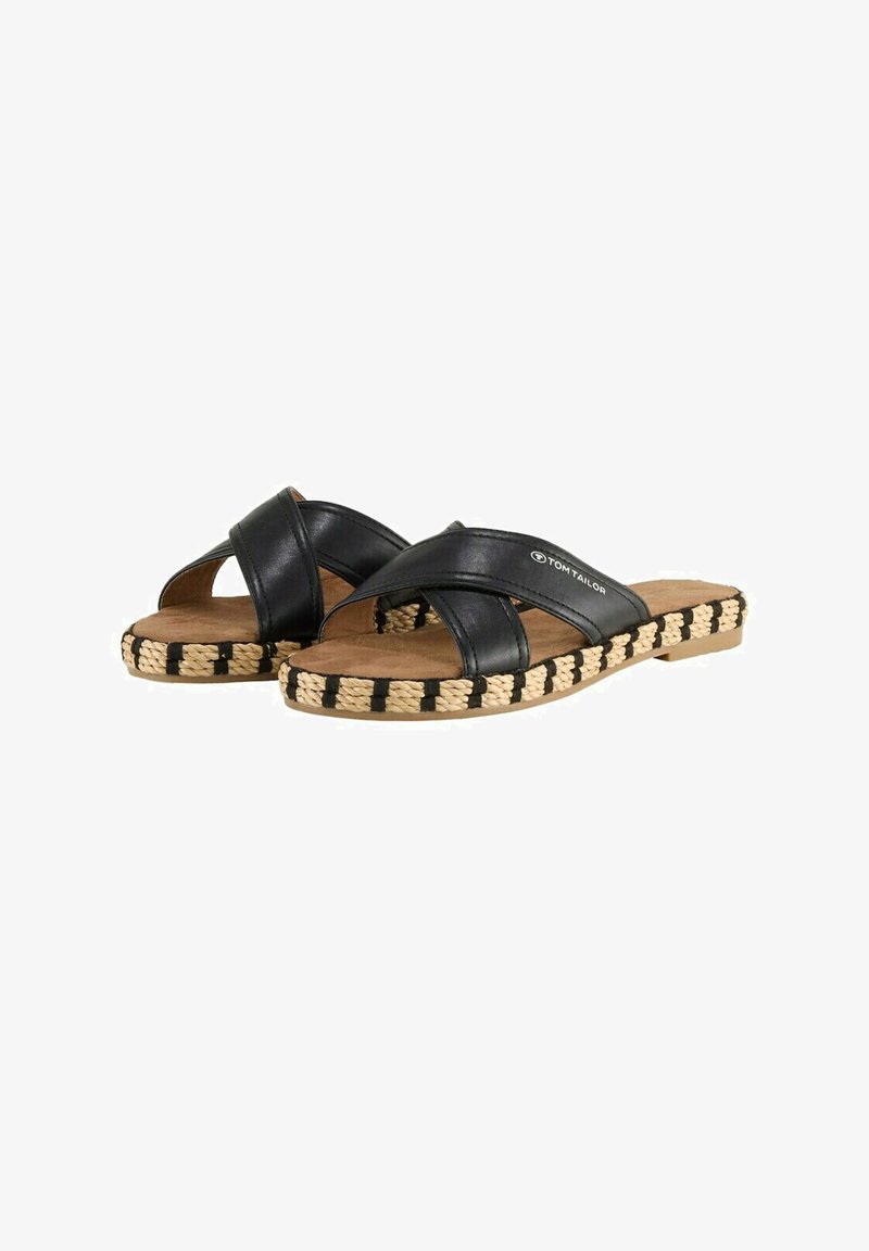 Infradito in pelle nera con cinturini intrecciati, suola in juta con texture intrecciata e tacco piatto per un comfort casual.