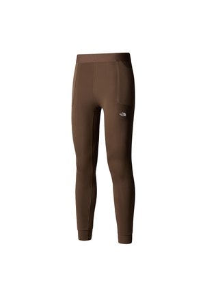 Leggings de sport marron en tissu extensible. Dotés d'une taille haute, de poches latérales et d'un petit logo sur le bas de la jambe.