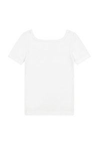 T-shirt bianco a maniche corte con scollo quadrato, realizzato in tessuto morbido, con cuciture pulite e una vestibilità casual.