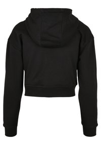 Felpa nera corta realizzata in tessuto morbido. Presenta un cappuccio con coulisse, maniche lunghe con polsini a costine e un orlo a costine.