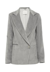 Blazer in corduroy grigio con rever a punta, chiusura con un solo bottone e due tasche frontali. La texture presenta una rigatura verticale. Interno foderato.