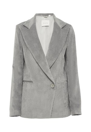Blazer in corduroy grigio con rever a punta, chiusura con un solo bottone e due tasche frontali. La texture presenta una rigatura verticale. Interno foderato.