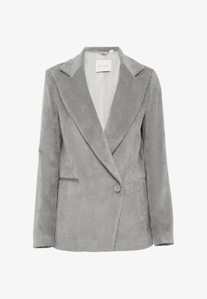 Blazer in corduroy grigio con rever a punta, chiusura con un solo bottone e due tasche frontali. La texture presenta una rigatura verticale. Interno foderato.