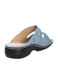 Women's open-back blue patterned slip-on sandal with black cushioned sole and beige inner lining, size 37.