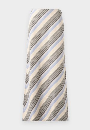 Stripet midi skirt i beige, blå og sort; har diagonale linjer med varieret bredde. Glat tekstur og flydende design.