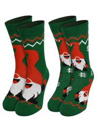 Calzini di cotone verdi con design di Babbo Natale in rosso e bianco, con motivi a zigzag e fiocchi di neve. Include due paia.