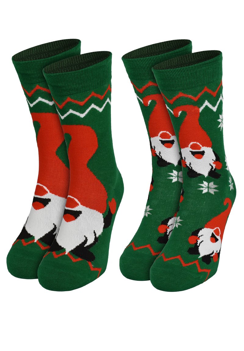 Calzini di cotone verdi con design di Babbo Natale in rosso e bianco, con motivi a zigzag e fiocchi di neve. Include due paia.