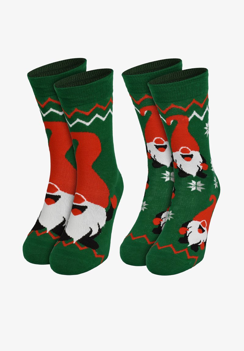 Calzini di cotone verdi con design di Babbo Natale in rosso e bianco, con motivi a zigzag e fiocchi di neve. Include due paia.