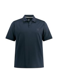 Marineblå polo-shirt lavet af glat stof, med krave, tre knapper og et lille logo på venstre bryst. Korte ærmer, normal pasform.