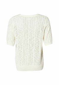 Weißer kurzärmelig gestrickter Pullover mit strukturiertem Muster und geripptem Saum. Hat einen weiten Ausschnitt und ein offenes Maschenmuster über die gesamte Fläche.