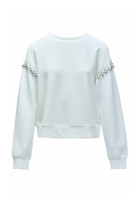 Sweatshirt blanc à manches longues, encolure ronde et studs décoratifs en argent le long des épaules. Tissu doux avec une coupe décontractée.
