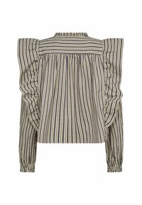 Blusa a righe in beige e blu navy, con maniche a sbuffo, schiena arricciata e polsini elasticizzati. Tessuto testurizzato con linee verticali.