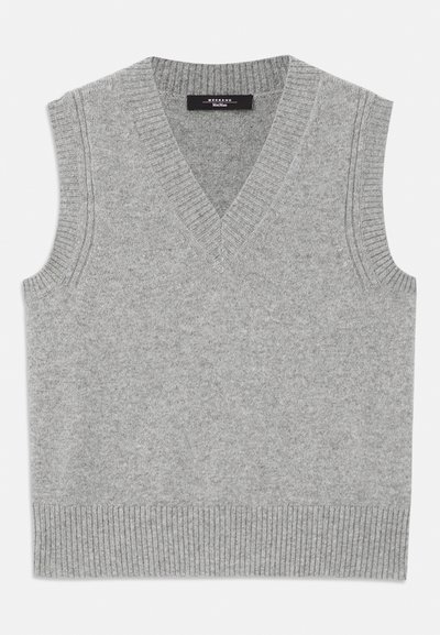Gray knit sweater vest with a V-neck, featuring ribbed neck and hem. Soft texture, sleeveless design, even color throughout.