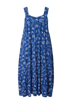Robe bleue sans manches avec des motifs blancs et bleu clair sur le thème de la boulangerie, comprenant des croissants, des baguettes et des cupcakes.