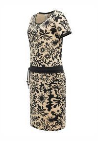 Beiges knielanges Kleid mit kurzen Ärmeln, schwarzem abstraktem Blumenmuster, schwarzem Taillenbund mit Kordelzug und rundem Ausschnitt.