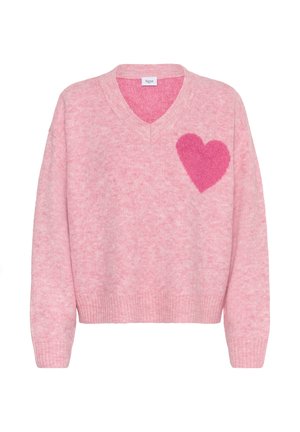 Rožinis megztinis su V formos iškirpte, kairėje pusėje pažymėtas tamsesnės rožinės spalvos širdimi. Megztas audinys su gysluotais rankogaliais ir apačia.