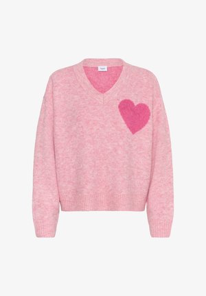 Rozā džemperis ar V-veida kakla izgriezumu, kreisajā pusē tumšāka rozā sirds. Adīts raksts ar ribotu aproču un apakšmalu.