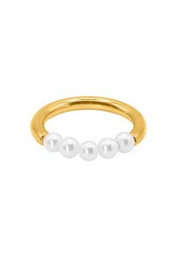 Goldring mit einem glatten, abgerundeten Band und fünf gleichmäßig angeordneten weißen Perlen an der Vorderseite, mit einem glänzenden Finish.