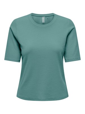 Ženska majica kratkih rukava u teal-zelenoj boji s teksturom, okruglim izrezom, opuštenog kroja i suptilnim rebrastim uzorkom.