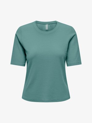 T-shirt pour femme à manches courtes, col rond, vert sarcelle texturé avec une coupe décontractée et un motif côtelé subtil.
