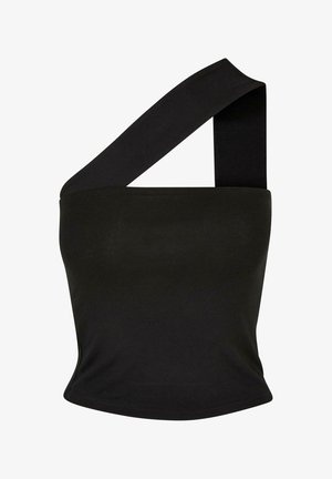 Crna majica bez rukava s jednim širokim naramenicom. Izrađena od glatkog, rastezljivog materijala. Dizajn sadrži prilagođen siluetu i skraćenu dužinu.