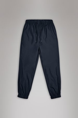 Navy blue athletic pants made of smooth fabric, featuring an elastic waistband with drawstrings and elastic cuffs at the ankles.