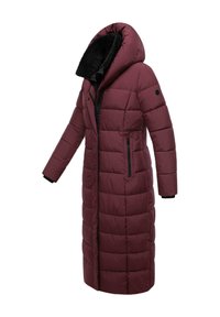 Burgundijas garais pūkains mētelis ar lielu mēteli, melnu mākslīgās kažokādas oderi, horizontālu quilted dizainu un ar rāvējslēdzējiem sānu kabatām.