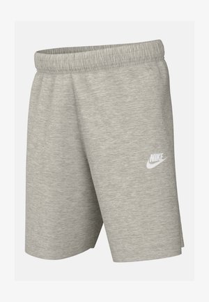 Pantalones cortos deportivos grises hechos de un tejido texturizado, con una cinturilla elástica y un logo de Nike blanco en el lado izquierdo.