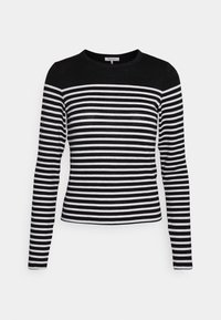Chemise à manches longues avec col rond, présentant des rayures horizontales noires et blanches alternées, fabriquée dans un tissu doux et lisse.