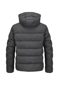 Dunkelgraue gepolsterte Winterjacke mit horizontaler Steppung und angenheter Kapuze, von hinten auf einem weißen Hintergrund gezeigt.