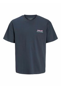 Marineblå bomulds T-shirt med korte ærmer, der har "Colorado Rocky Mountains" broderet i pink og grøn på venstre bryst.