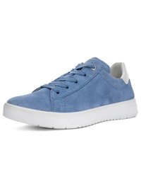 Blauer Wildleder-Casual-Sneaker mit weißer Sohle und Fersenlasche, ausgestattet mit Schnürsenkeln und niedrigem Schnitt.